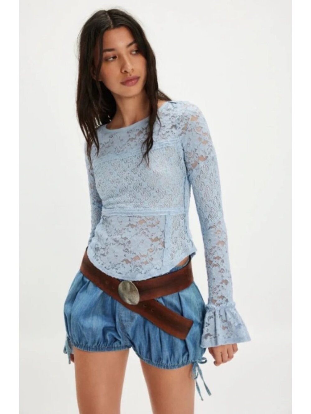 Free People Sheer Lace Flared Long Sleeve Top in Niagra Mist Blue